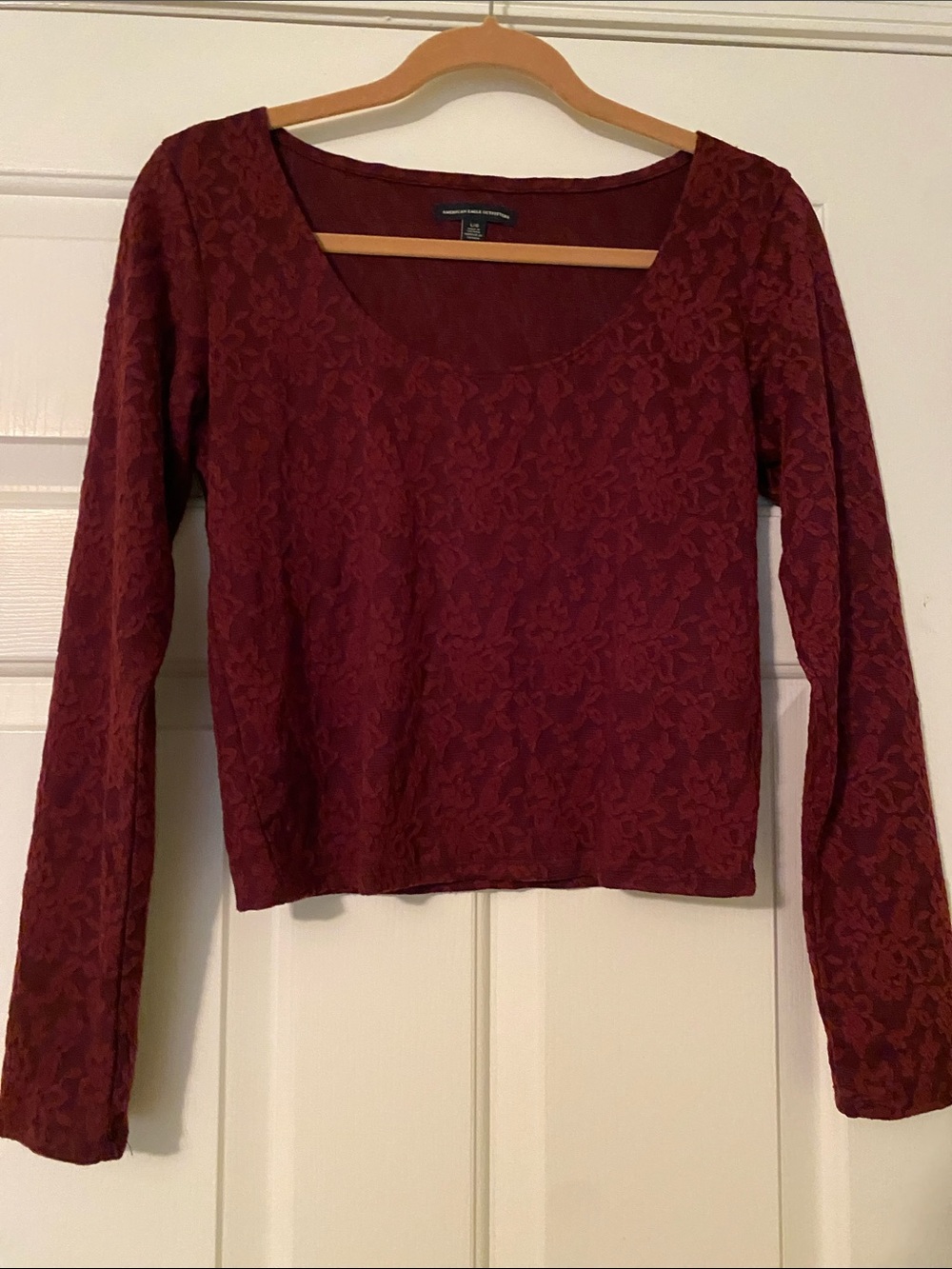 American Eagle Outfitters Burgundy Lace Long Sleeve Scoop Cropped Top - Large
